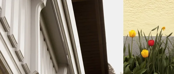 Frisch lackierte Fenstergesimse im Detail, daneben Tulpen vor einer cremefarbenen Fassade