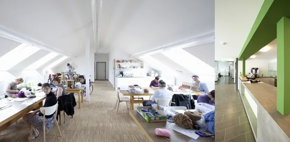 Heller Werkraum im Dachgeschoss des Loacker Hus, daneben ein Gang mit grün abgesetzter Wandfläche